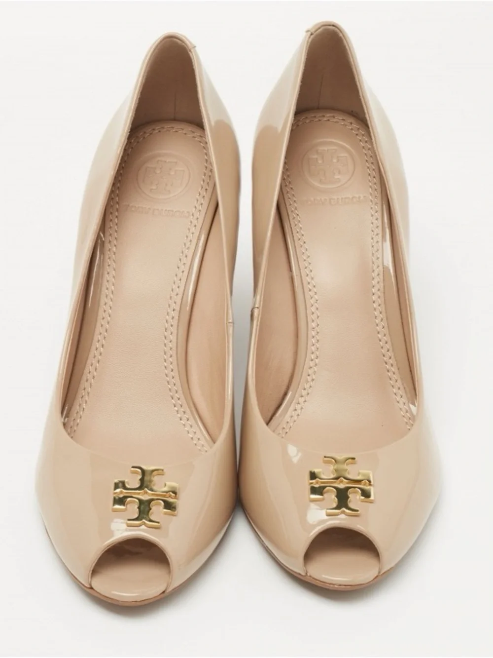 Tory Burch Beige Patent Leather Jade Peep Toe Wedge Pumps Size 6.5